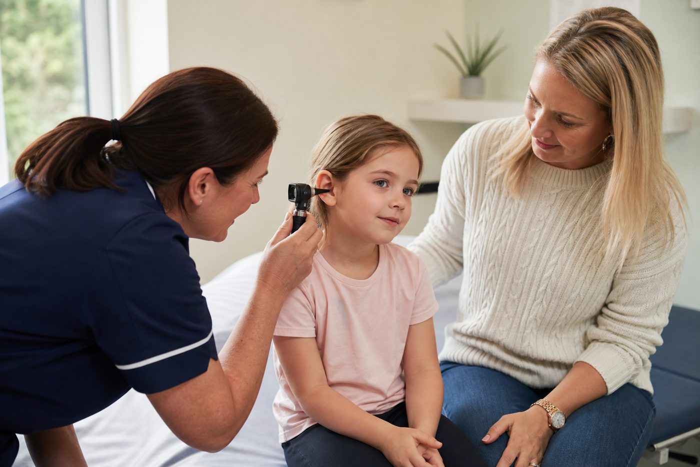 GP examining a child at home with a parent present