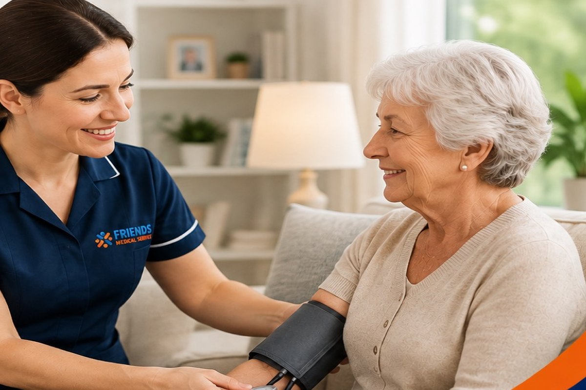 Private nurse taking blood pressure during a home visit